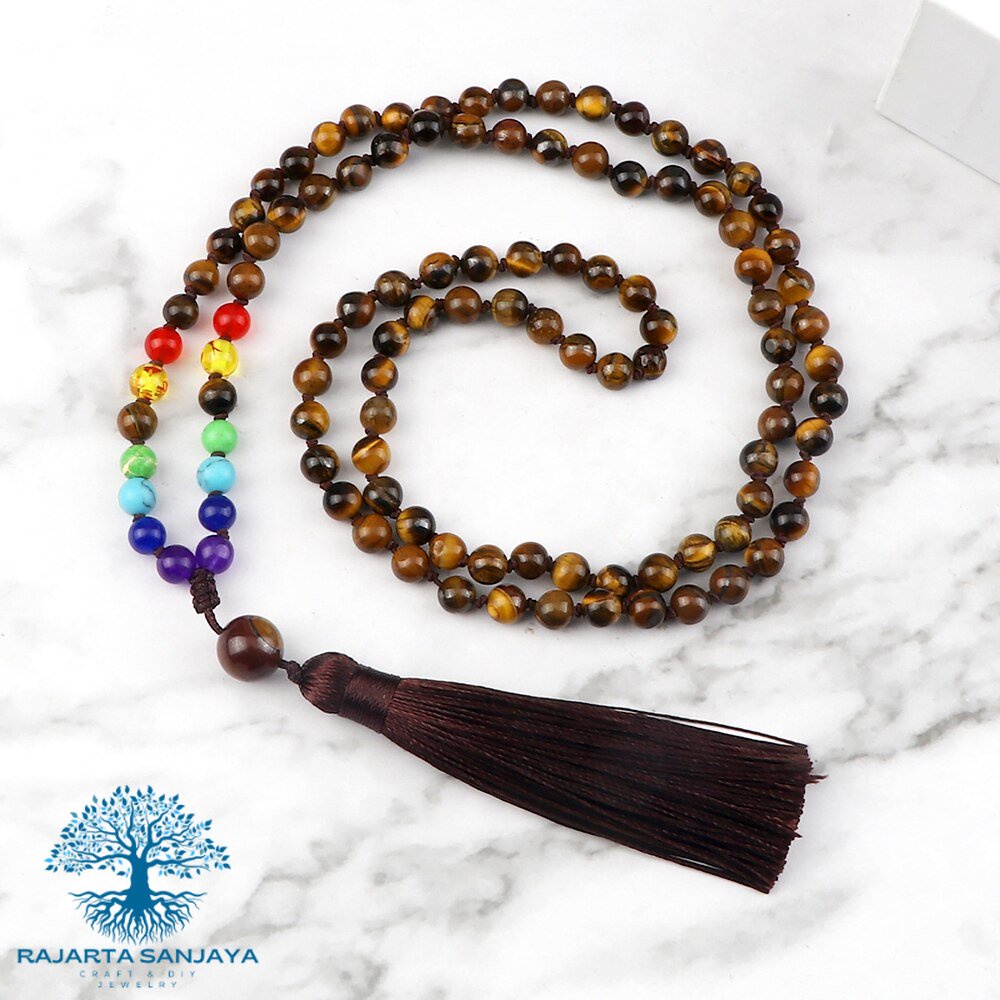 Japamala Natural Tiger Eye 108 Mala 7 Chakra Beads Necklace Reiki 6mm