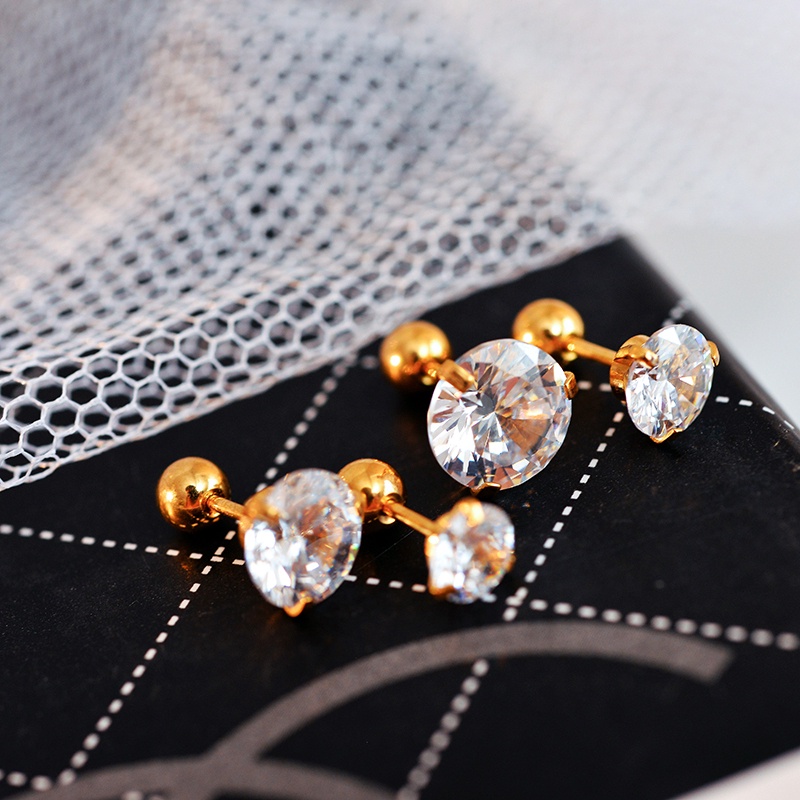 Anting Stud Berlian Zircon Bahan Titanium Steel Warna Rose Gold / Silver / Hitam