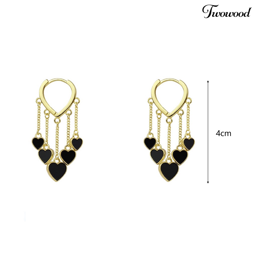 Twowood 1pasang Anting Menjuntai Gaya Korea Elegan Temperamen Paduan Hati Hitam Wanita Drop Earrings Fashion Jewelry