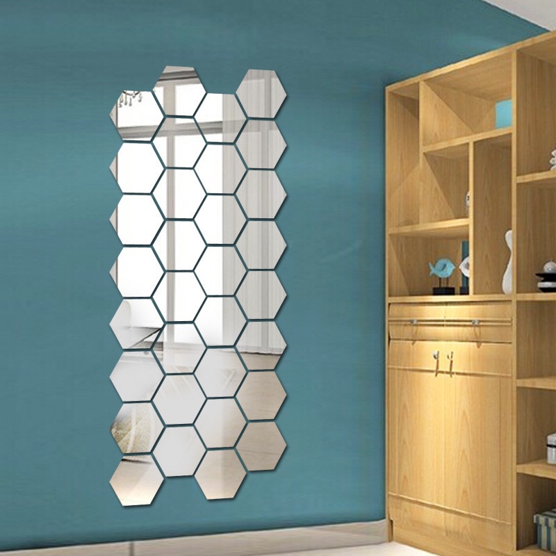 Cermin Hexagonal  Keren 12 pcs E416 Kaca Hexagonal Ukuran Kecil Hiasan Dinding Wallpaper Sticker Cermin Import Real Pict