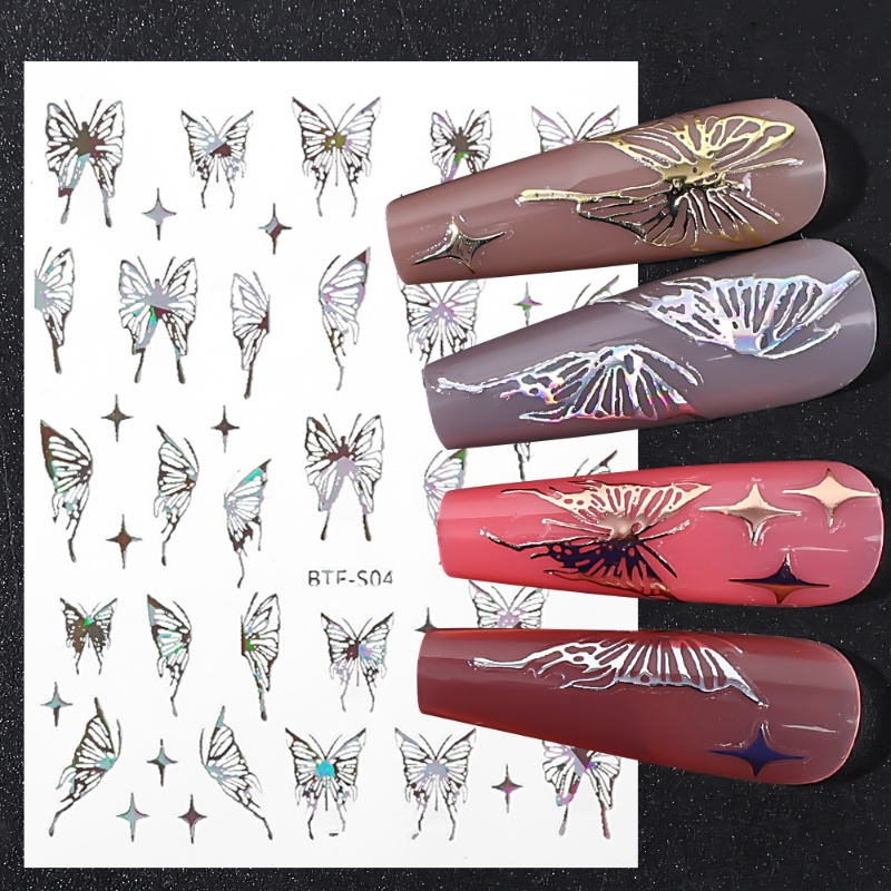 3d Berongga Kupu-Kupu Nail Art Stiker/Reflektif Laser Bintang Emas Perak Kuku Manicure Sticker