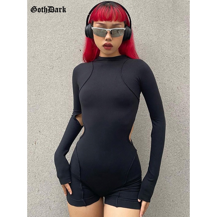 Gothic Gelap Techwear Cyber Y2k Bodycon Wanita Playsuits Gothic Punk Lengan Panjang Potong Romper Se