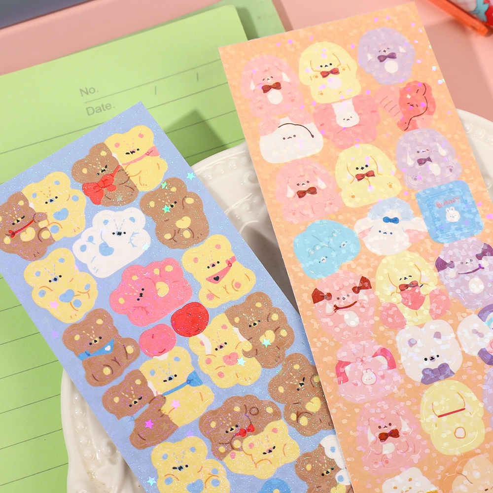 [Harga Grosir] 1lembar Laser Stiker Hewan Lucu Kawaii Kelinci Kucing Anjing Beruang Pola Kue Scrapbooking DIY Stiker Korea Guka Idol Card Decor