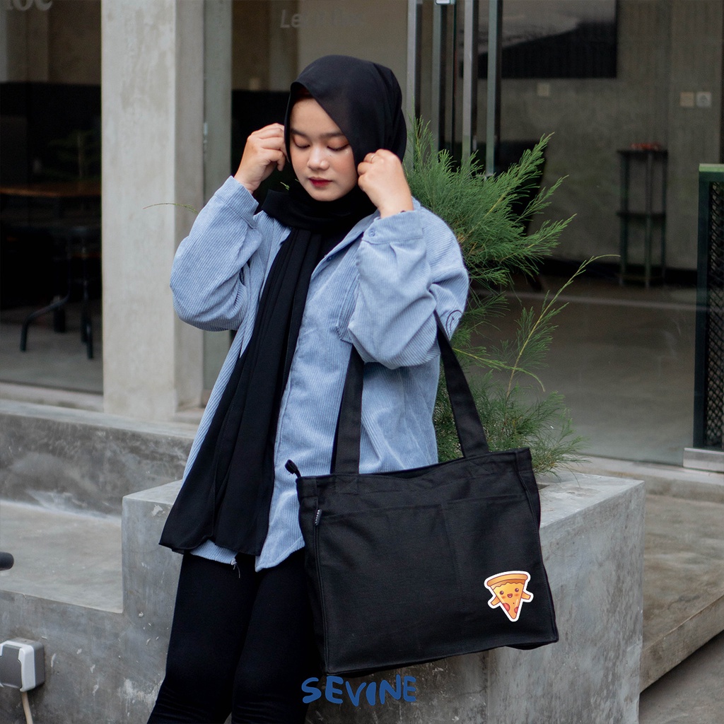 Sevine Totebag Kanvas Rebecca Tas Wanita Tote Bag Kuliah Sekolah Sekat Resleting Hitam Elegan Aesthetic - WX