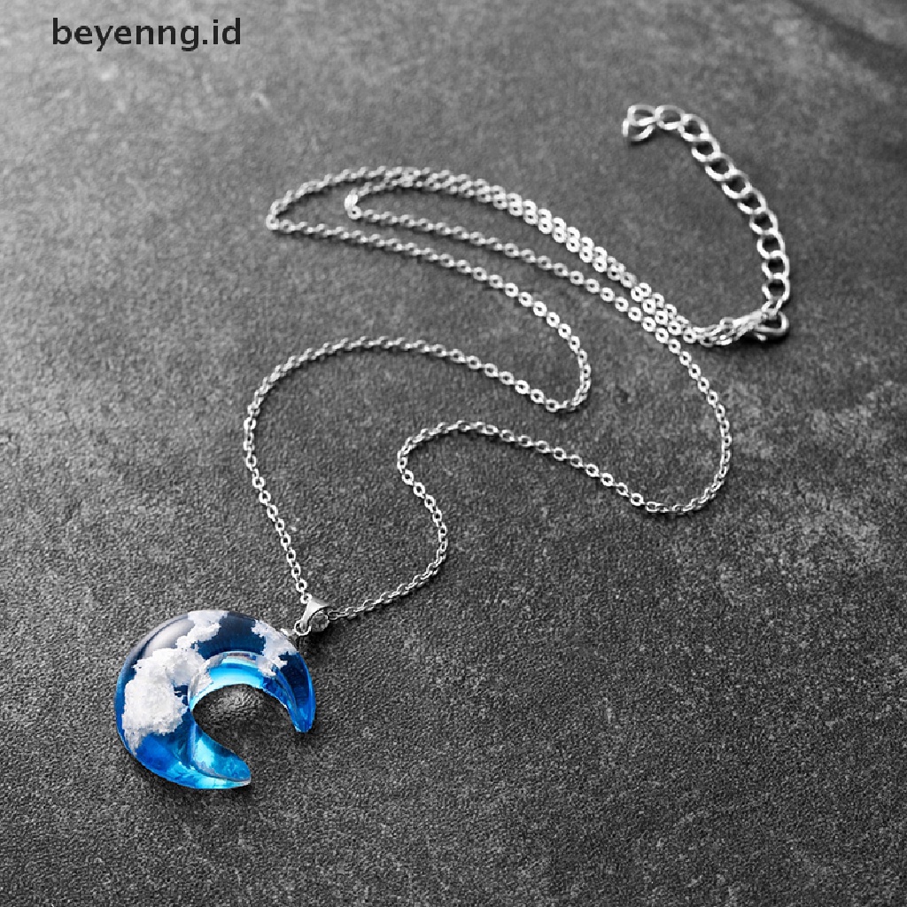 Beyen Kalung Liontin Bulan Bola Resin Langit Biru Awan Putih Rantai Necklace Jewelry ID