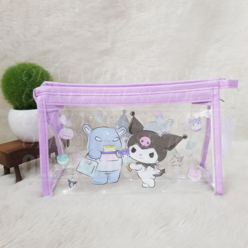 Pouch Transparan Kuromi List Kotak Ungu  Tempat Make Up  Kuromi Bening