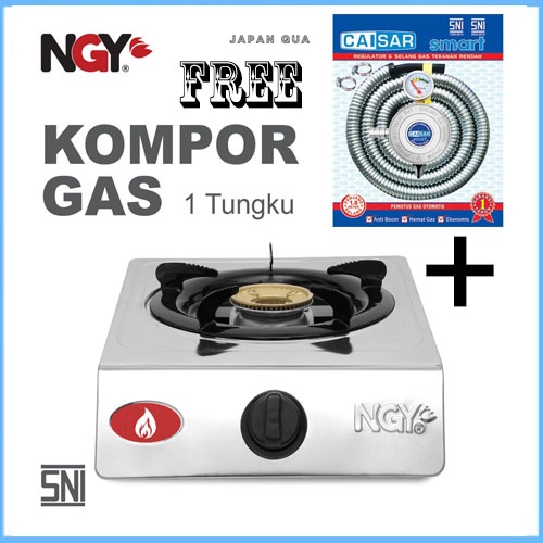 KOMPOR 1 TUNGKU PAKET NAGOYA STAINLESS NGY - 44 GS + SELANG REGULATOR burner api biru NTAPS