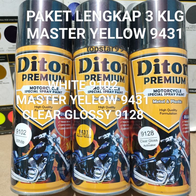 Diton Premium Paket Lengkap 3 Kaleng 400cc Master Yellow Kuning Tua Glossy Mengkilap 9431 White 9102 Clear Glossy 9128 Pilox Pilok Cat Semprot Spray Paint