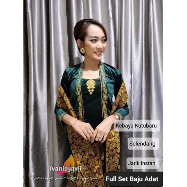 [1set] Kebaya + Selendang + Jarik || Kby Hijau Botol - Motif Pisang Bali