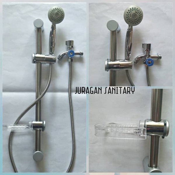 SHOWER TIANG KRAN DOUBLE HAND SHOWER SELANG SET CABANG PLASTIK SS CROM