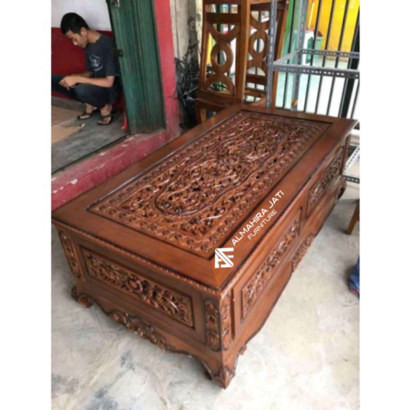 Meja Ketapang ukir 3D kayu jati BIG SIZE antik ( Free Kaca )