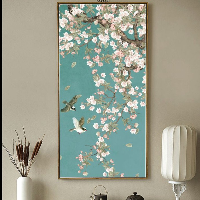 Lukisan dinding kanvas bunga sakura dan burung modern simple lukisan dinding kanvas minimalis modern