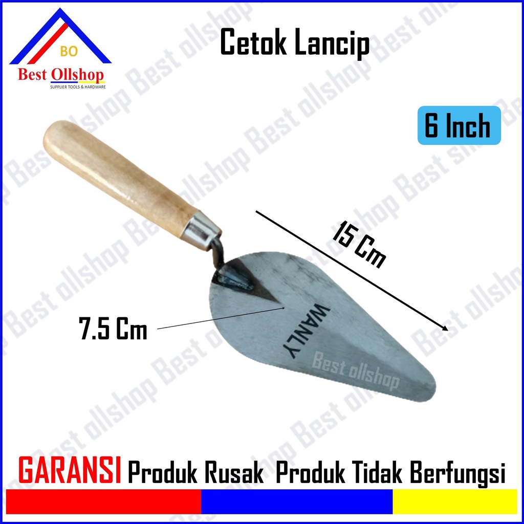 Sendok Semen Gagang Kayu 6 Inch Lancip / Cetok Semen Gagang Kayu 7 Inch Lancip