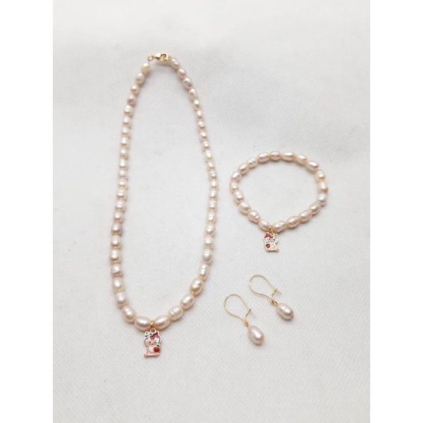 RANGKA RHODIUM SET PERHIASAN ANAK SET MUTIARA ANAK ANTING KALUNG GELANG CINCIN MUTIARA AIR TAWAR LOM