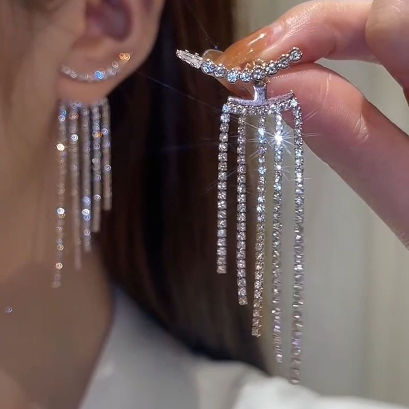 IFYOU Anting Rumbai Zircon Silver Berkilau Mewah Stud Earing Untuk Wanita Fashion Aksesoris Perhiasan