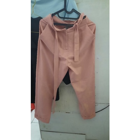 BUY 1 GET ONE Preloved celana kerja formal - highwaist Paperbag Trouser Belt Pants - Warna Pink Nude