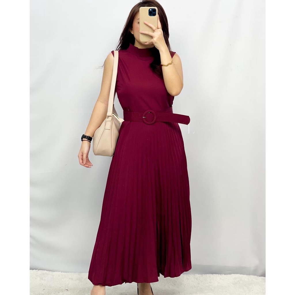 Halter Neck Maxi Dress Plisket Polos Tanpa Lengan Premium Import