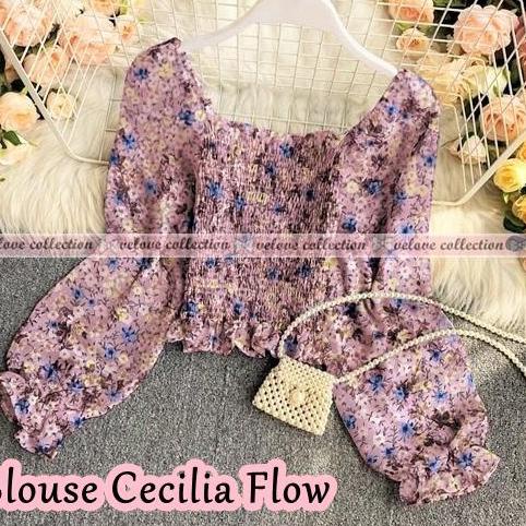 ❉ KALANTHA FASHION Blouse Serut Karet Sabrina Lengan Panjang Motif Bunga Bahan Sifon Casual ♣