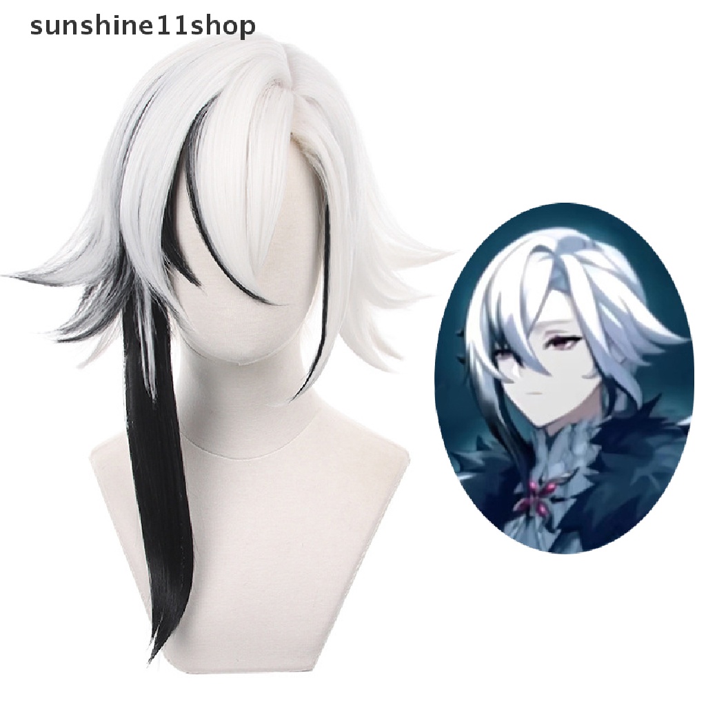 Wig Cosplay SHO Genshin Impact Arlecchino Putih Hitam Rambut Palsu Sintetis Tahan Panas N