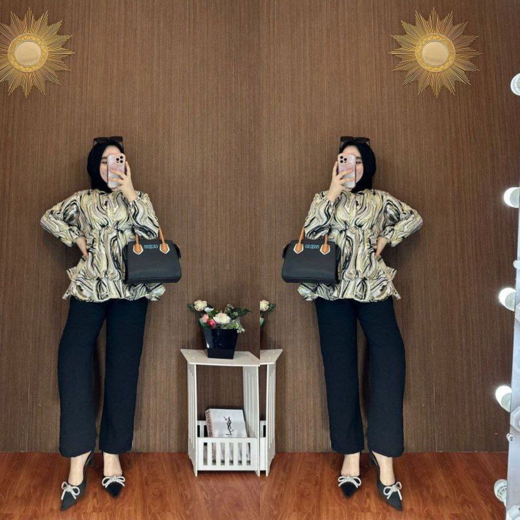 Dinara Set - One Set Wanita Kemeja Rempel Shakila Twill Premium Setelan Baju Lengan 7/8 Set Celana Panjang Kekinian LD 110 cm