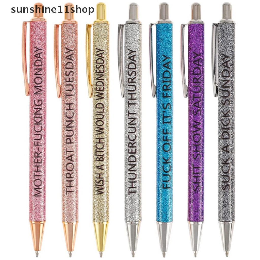 Sho 7pcs Pulpen Ballpoint Lucu Novelty Daily Pen Set, Gifta Kantor Ofensif, Weekday Vibes Glitter Pen Set N