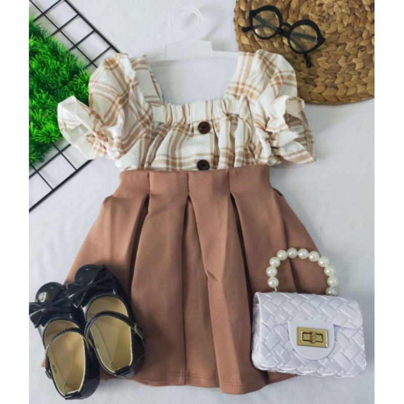 Setelan Baju Ifana Sabrina Kids Korean Style / One Set Blouse Top Anak Perempuan Lengan Balon 2-4 Tahun