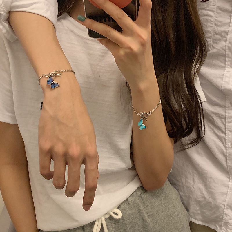 Versi Korea ins Warna Kupu-Kupu Pasangan Gelang Baja Titanium Influencer Anak Laki-Laki Perempuan OT Rantai Ungu Biru Pacar Gelang Trendi