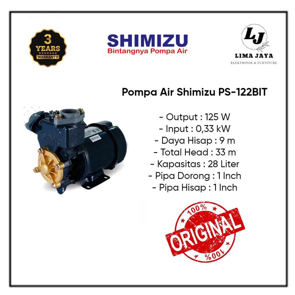 Pompa Air Shimizu PS-122BIT Mesin Pompa Air  Sumur Dangkal