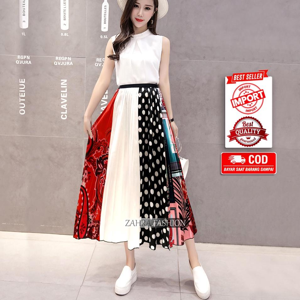 ➳ Rok Plisket Motif Polkadot Satin Premium Import murah 7/8 style korea terbaru | 321-3 | Rok Priske