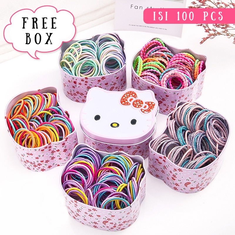 3SP | AC111 Ikat Rambut Anak Isi 100 Free Kaleng Kartun Lucu Aksesoris Karet Rambut Anak