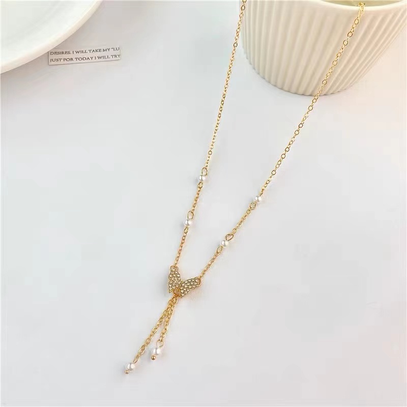 Kalung Mutiara Kupu-Kupu Gaya Baru Kreatif ins Niche Eropa Amerika Desain Sederhana Perhiasan Rantai Klavikula Mewah Ringan