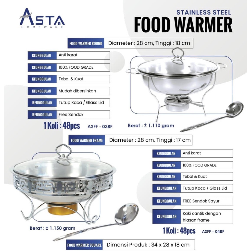 Panci prasmanan stainless steel dengan pemanas / asta food warmer round with stove