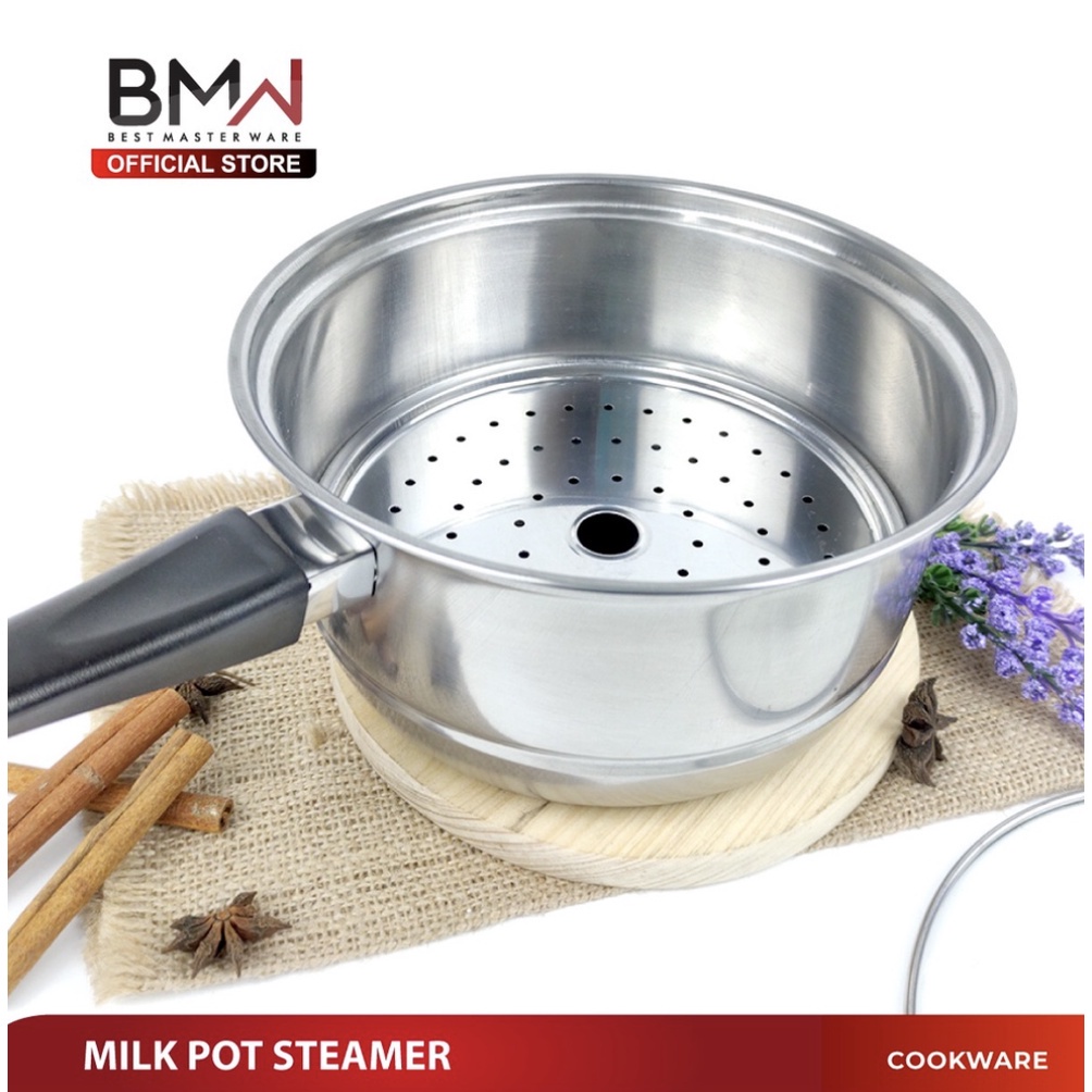 Panci BMW Panci Susu 20CM +  Steamer Kukusan Panci Sop Tingkat 1 Stainless Steel Serbaguna - Milk Pot Steamer Sup Pot Tebal Panci Tebal Susu Teh Kopi