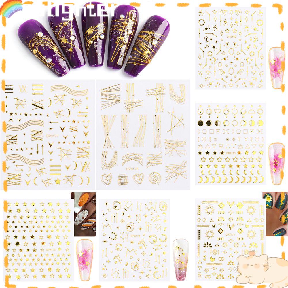 Solighter 3D Stiker Kuku Nail Art Silver Gold Waved Lines Stripe Transfer Stickers