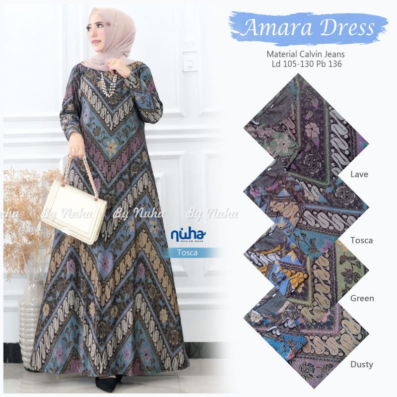 GAMIS BATIK MUSLIM JUMBO XXL  AMARA DRESS BY NUHA JUMBO LD 105 MELAR SAMPAI 130 BAHAN CALVIN JEANS P