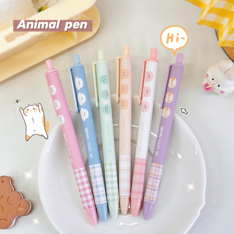 [Random Styles] Kawaii Grid Pattern Press Gel Pen Cartoon Cute Animals Writing Signature Pen 0.5mm Black Ink Ballpoint Pen School Office Stationery Supplies