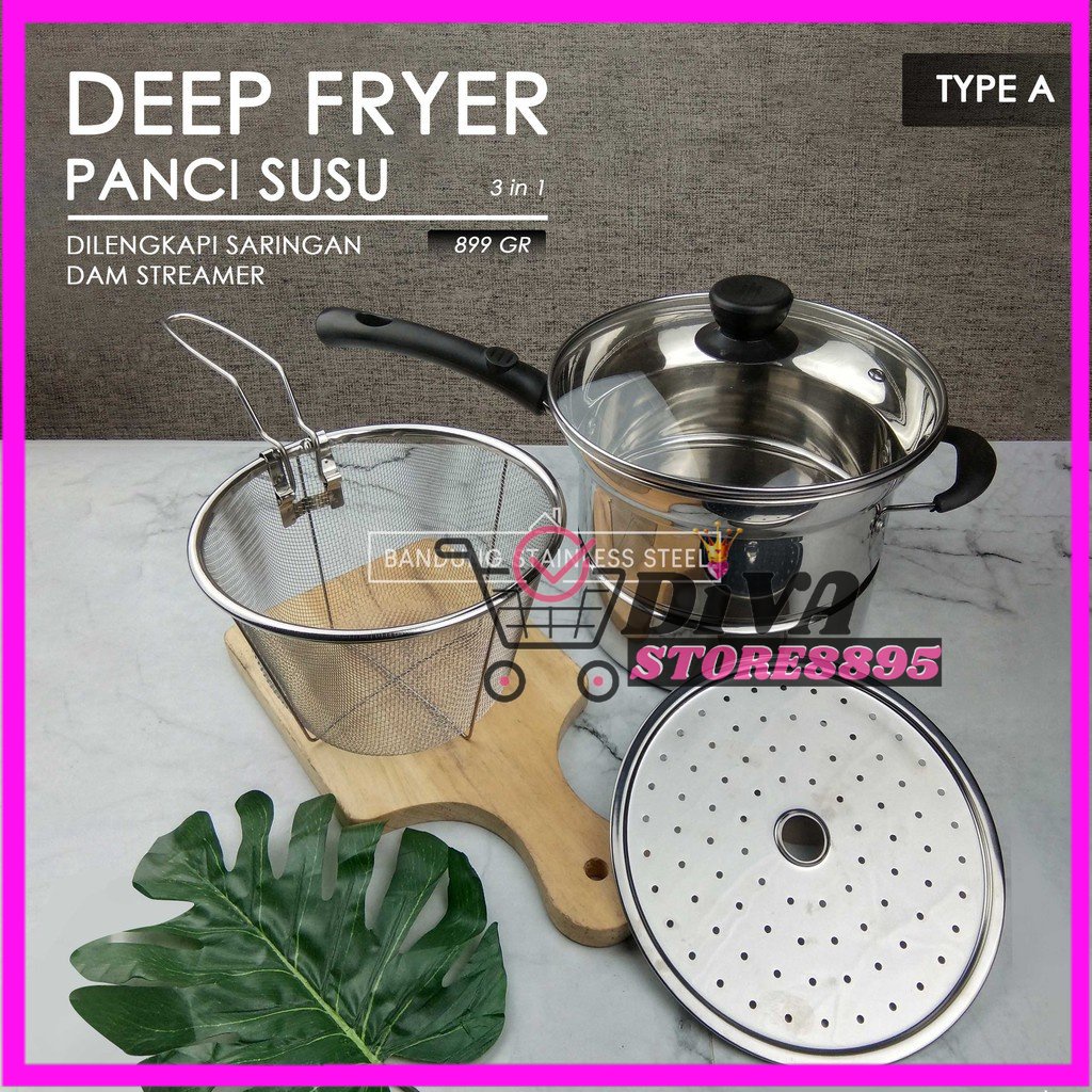 Panci susu deep fryer goreng kukus masak steamer saringan multifungsi 3in1 22cm divastore