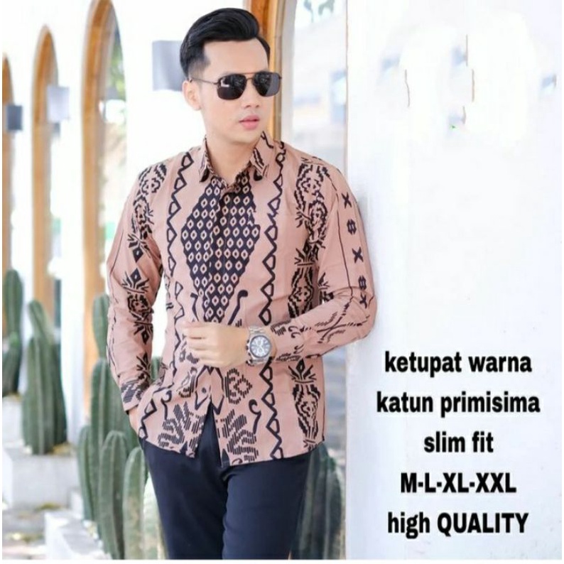 KEMEJA BATIK PRIA Lengan Panjang CREAM MOCCA TERBARU