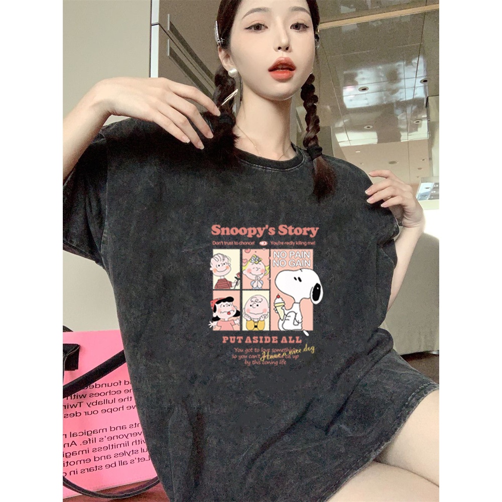 XiaoZhaiNv Korean Style Snoopy Graphic Pattern Washed Printing Kaos Wanita