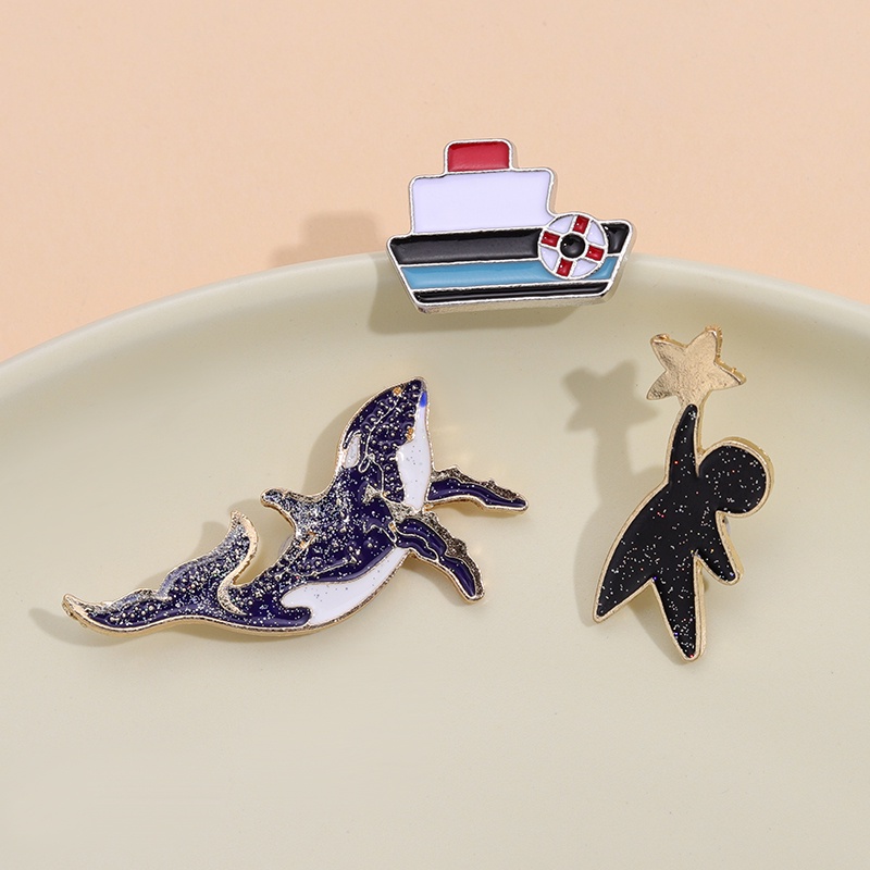 Perahu Paus Enamel Pin Bintang Hewan Lencana Logam Bros Wanita Anak Hadiah Perhiasan Lapel Topi Sweater Aksesoris Grosir