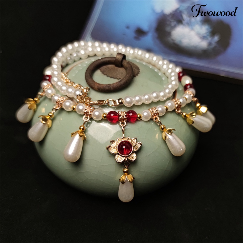 Twowood Hias Berlian Imitasi Teardrop Liontin Adjustable Vintage Kalung Wanita Mutiara Imitasi Cheongsam Necklace Perhiasan Aksesoris