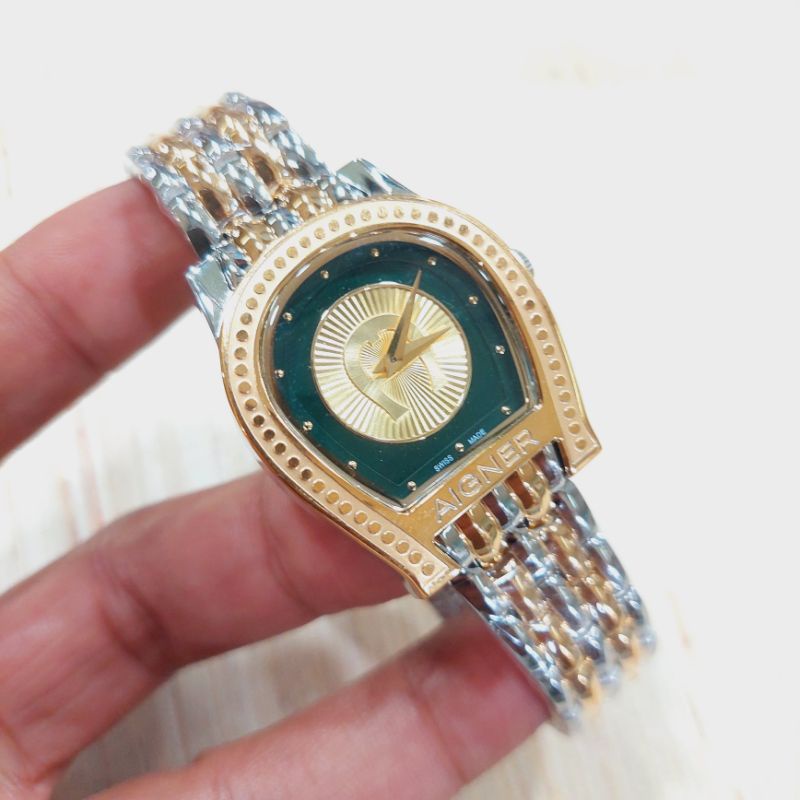 Jam Tangan Wanita Original Aigner Vittoria A21104 Silver Kombi Gold Green Dial