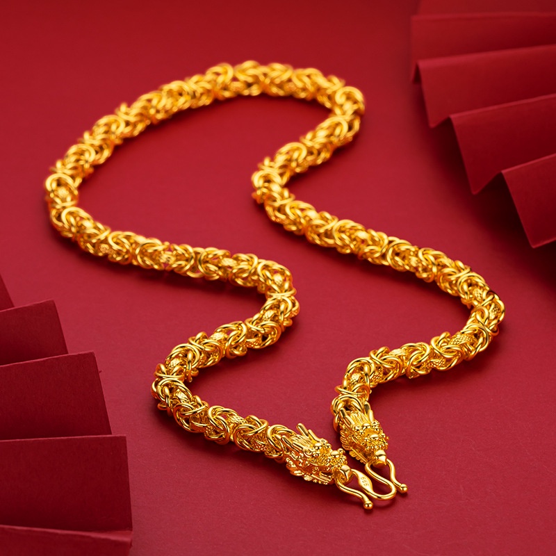 Goldkingdom Fashion Perhiasan Emas Asli Kadar 375Bangkok Aksesoris Ready Stock Halus Pria Glossy Keel Kalung Lapis Emas Kain Motif Naga Kepala Kalung