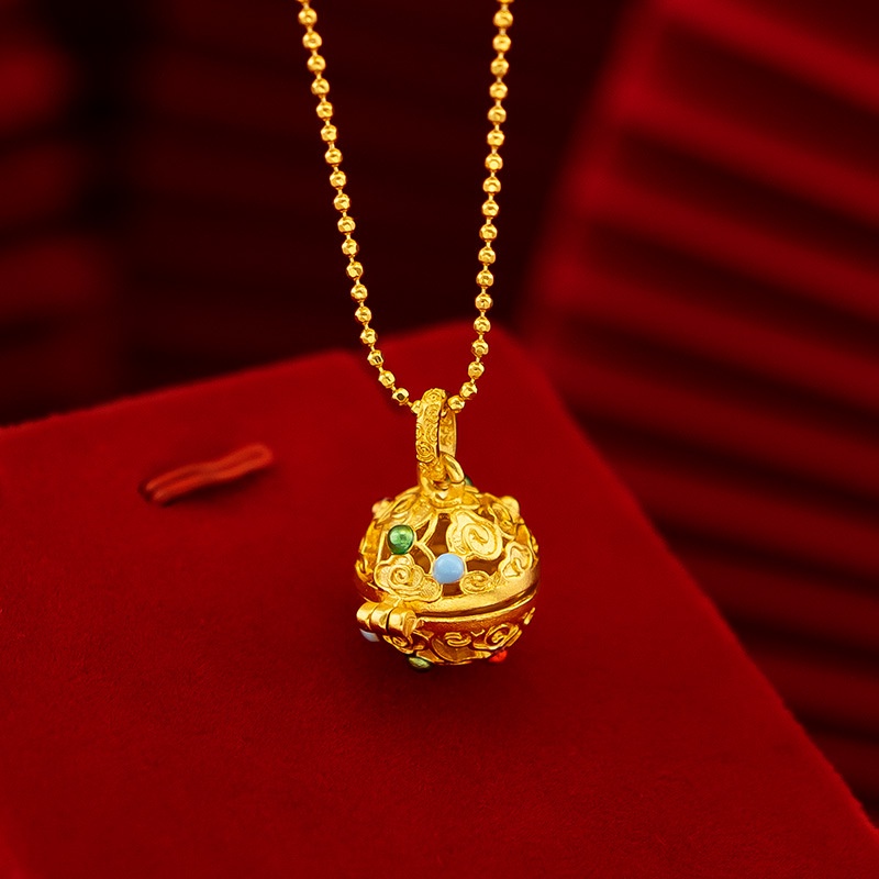 Goldkingdom Perhiasan Fashion Emas Asli Kadar 375Bangkok Aksesoris Ready Stock Gaya Kuno Membakar Sachet Biru Berlapis Emas Liontin Perempuan Gaya Nasional Melubangi Pembakar Dupa