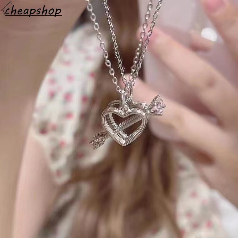 IFYOU Fashion Satu-arrow Pierce Heart Necklace Pink Crystal Hollow-out Rantai Perak Choker Untuk Aksesoris Perhiasan Wanita