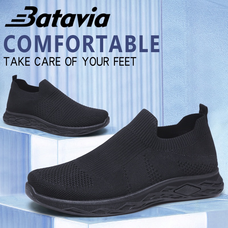 （COD）Batavia 2023 Sepatu Pria Ringan Hitam Slip-On Pria Sepatu Senior Sepatu Kasual Sepatu Kets Flyknit Bernapas Sol Lembut Sepatu men  Sneakers B33 B34