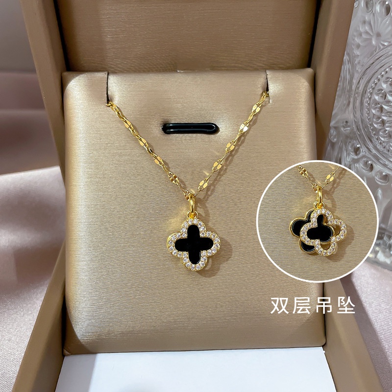 Kalung Titanium Asli Wanita Anti Karat Emas 18K Clover Aksesoris