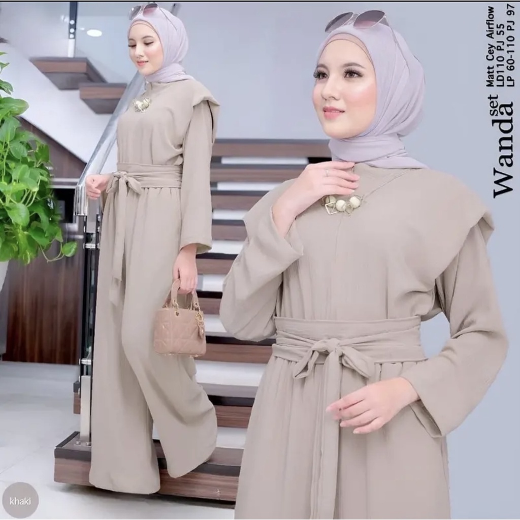 Olive Setelan Wanita Kekinian Crinkle Airflow Fashion Muslim Terbaru Oneset Tali Pinggang Korean Style Daily Set Viral