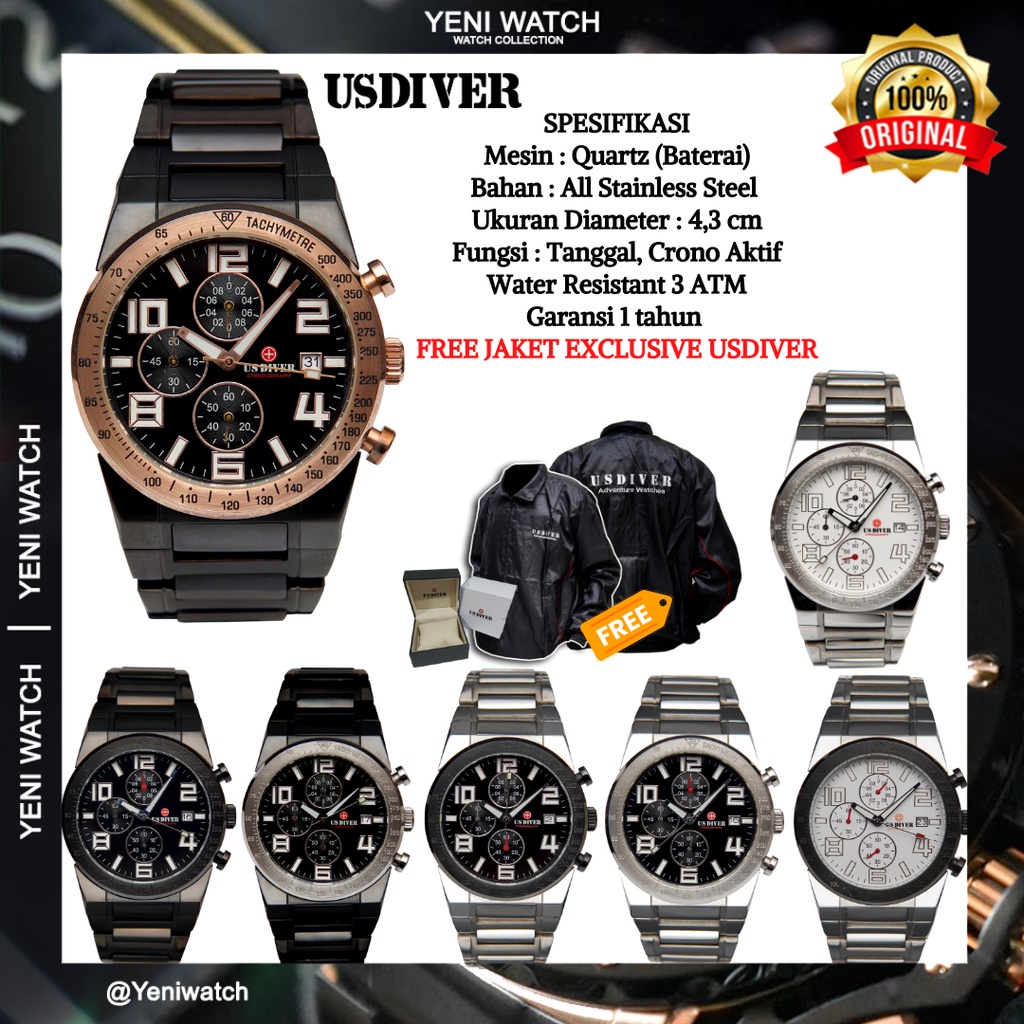 Jam Tangan Pria USDIVER G 8634 Chronograph All Stainless Steel Original Garansi 1 Tahun