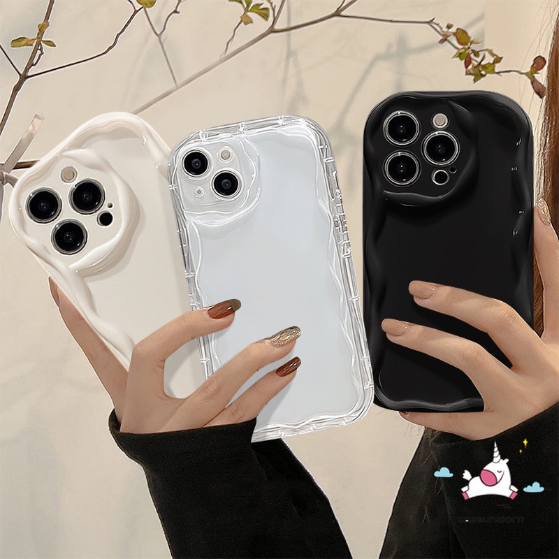 IPHONE Fashion Sederhana Cat Air Gelombang Bingkai Bantal Ponsel Case Kompatibel Untuk Iphone11 12 13 14 Pro MAX 7plus XR X XS Max7 8 Plus SE 2020 Halus Glossy Bergelombang Tepi Shockproof Soft Case